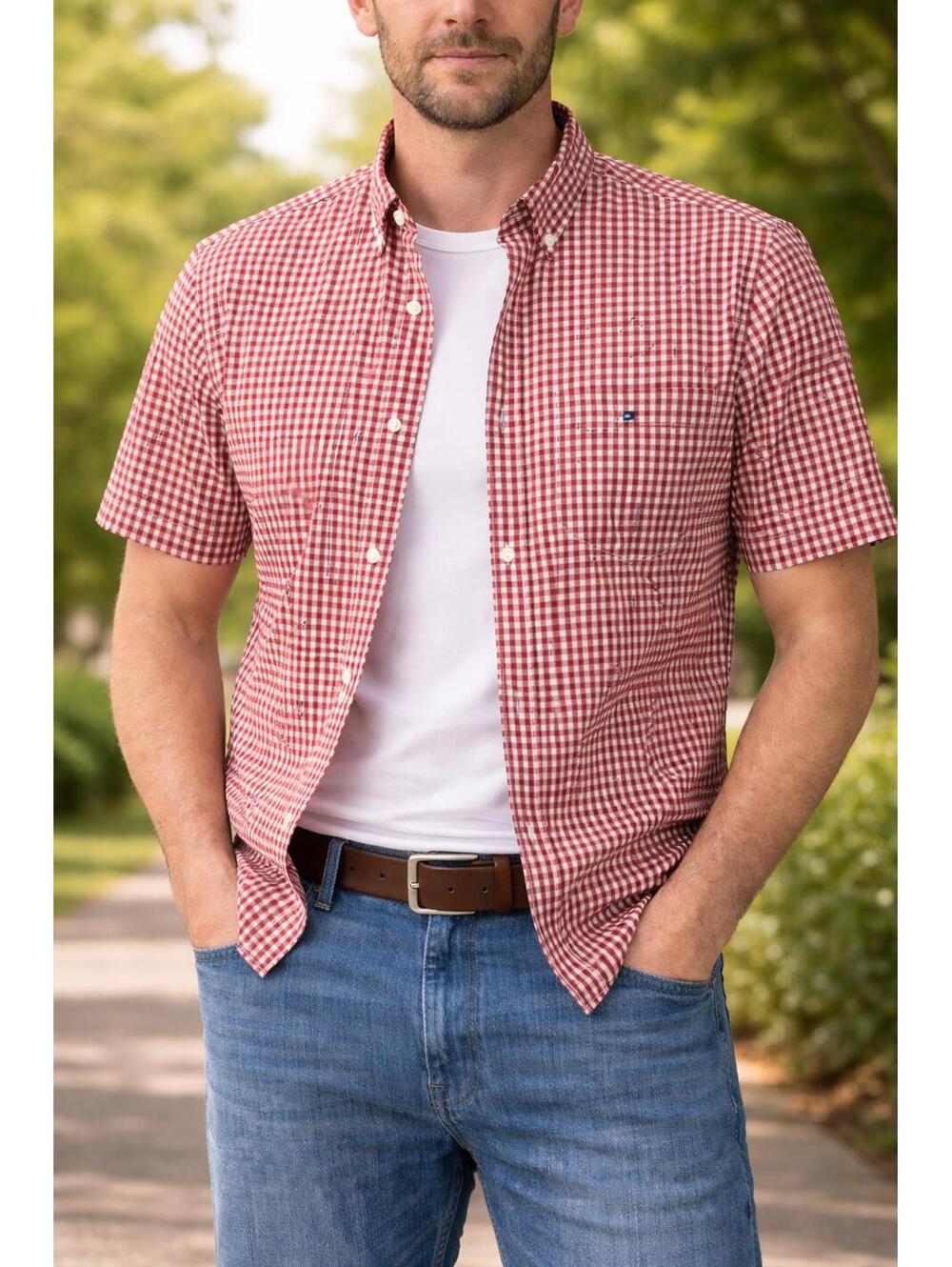 Tommy Hilfiger Classic Fit Red Gray Gingham Short Sleeve Button Down Shirt XL